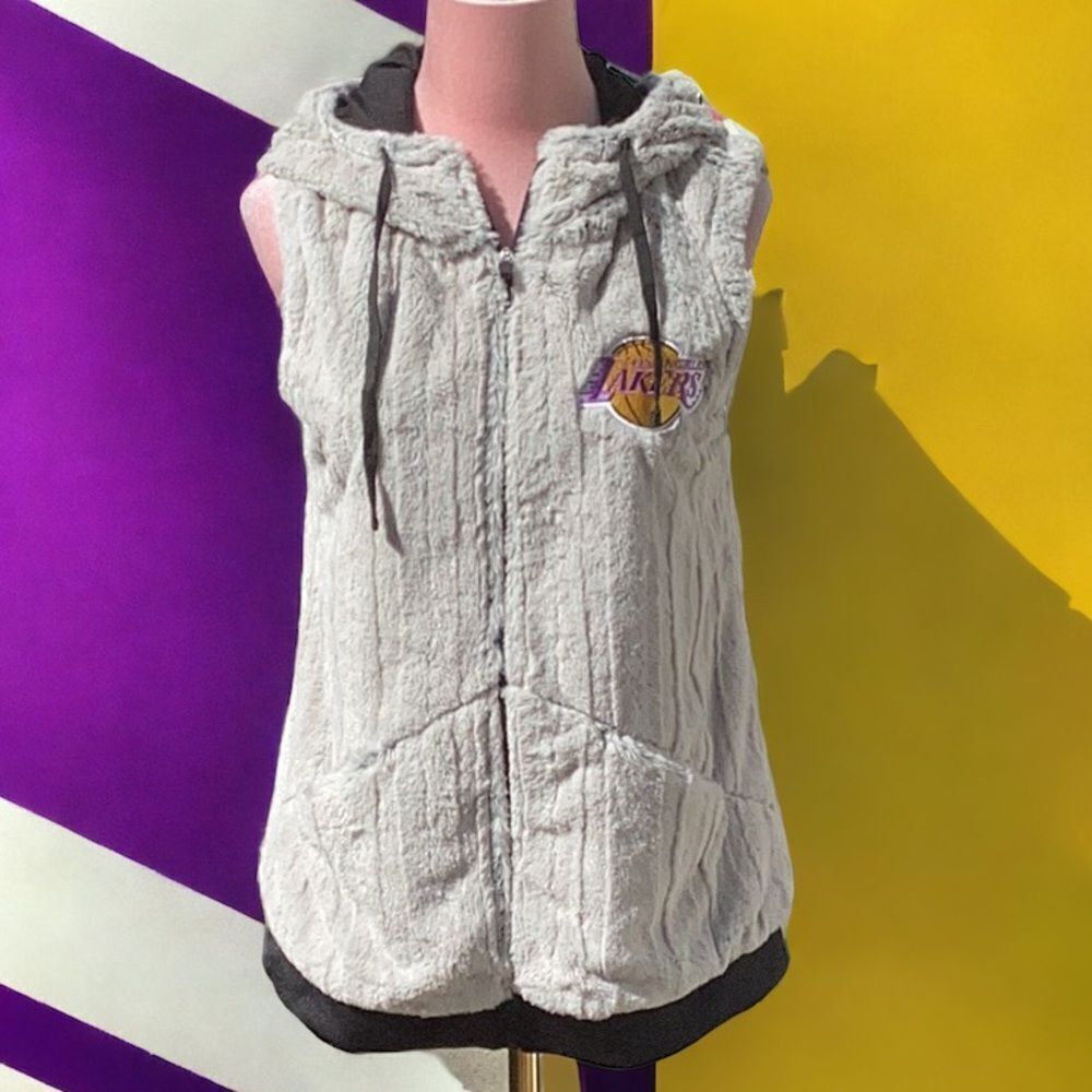 ANTIGUA WOMENS NBA L.A.LAKERS BASKETBALL ZIP UP HOODED FAUX FUR VEST COAT MED